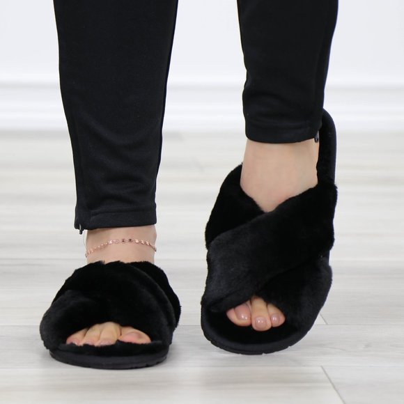 Cross Strap Black Puff Fuzzy Furry Fluffy Slip On Plush Slippers - Picture 2 of 12
